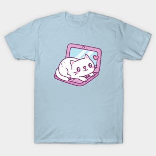 Cute White Cat Resting On Laptop T-Shirt